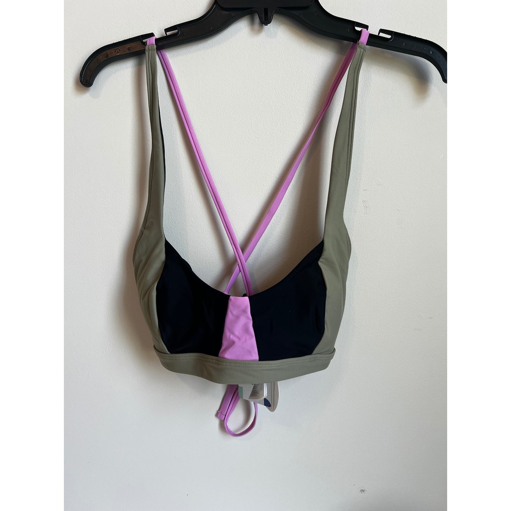 Prana Colorblock Bikini Top Olive‎ Green, Black, Pink Criss Cross Back NWT Sz L